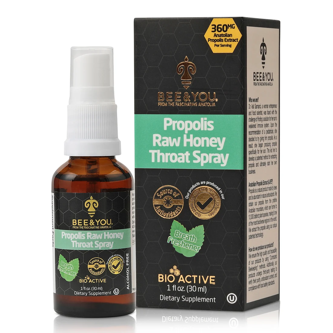 Bee&YOU Propolis+Raw Honey Throat Spray bottle and box